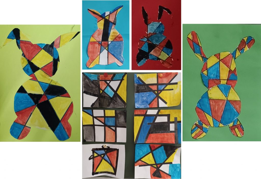 Bunte geometrische Hasen-Kunstwerke auf grünem Hintergrund.