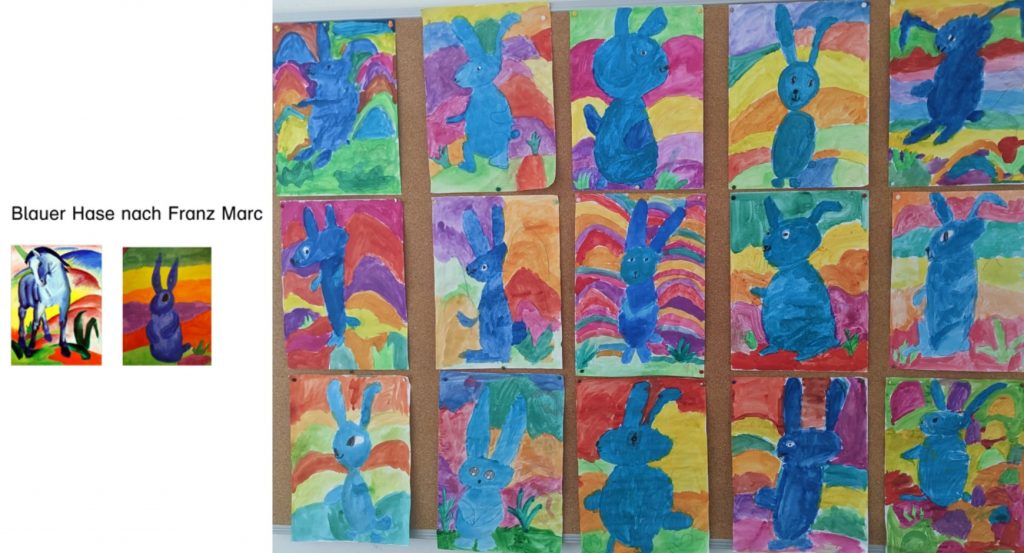Bunte Kinderkunst mit blauen Hasenbildern inspiriert
