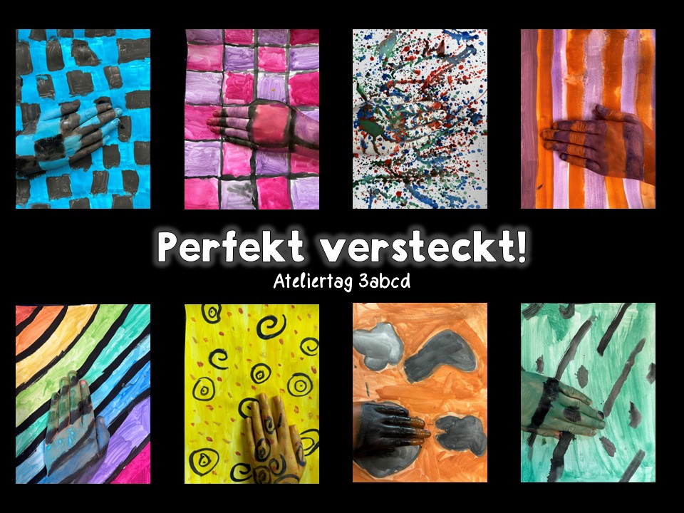 Bunte Hände auf verschiedenen Kunstwerken versteckt