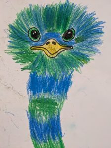 Bunte Vogelzeichnung mit lebhaften Farben und Details.