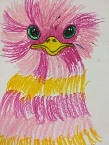 Buntes gezeichnetes Vogelbild mit großen Augen