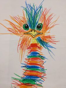 Bunte Vogelzeichnung mit leuchtenden Farben und Federn