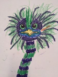 Bunte Zeichnung eines fantasievollen Vogels mit Augen.