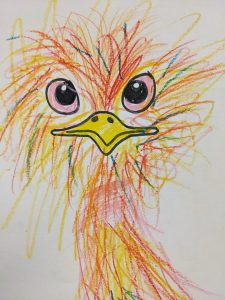 Bunte Zeichnung eines bunten Vogels mit großen Augen