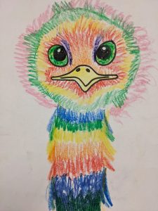 Buntes Vogelbild mit großen grünen Augen.
