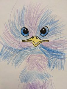 Buntstiftzeichnung eines Vogels mit großen Augen