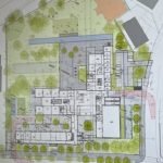 Architektonischer Stadtplan mit Gebäudestrukturen und Bäumen