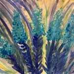 Blaue Blumenmalerei mit grünen Blättern Aquarell