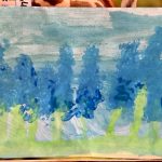Kinderkunst mit blauer und grüner Landschaftsmalerei