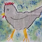Kunstcollage eines Huhns aus Zeitungsausschnitten