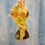 Collage aus Obst und Gemüse auf Blau