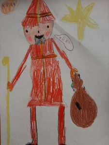 Kinderzeichnung von Nikolaus mit Sack und Stock