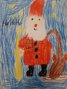 Kinderzeichnung von Weihnachtsmann in rotem Anzug