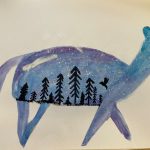 Aquarell Fuchs mit Wald Silhouette und Sternenhimmel