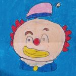 Buntes Clown-Gemälde mit rotem Hut und Haaren