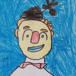 Kinderzeichnung eines lächelnden Clowns mit Blauem Hintergrund