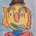 Bunte Kinderzeichnung eines fröhlichen Clowns mit Hut