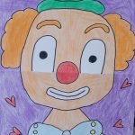 Bunte Kinderzeichnung von fröhlichem Clown mit Hut