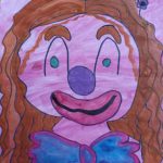 Buntes Kinderbild von fröhlichem Clown mit Schleife
