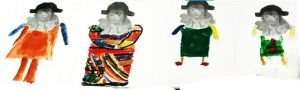 Kinderkunst mit bunten Kleidern und Hüten illustriert